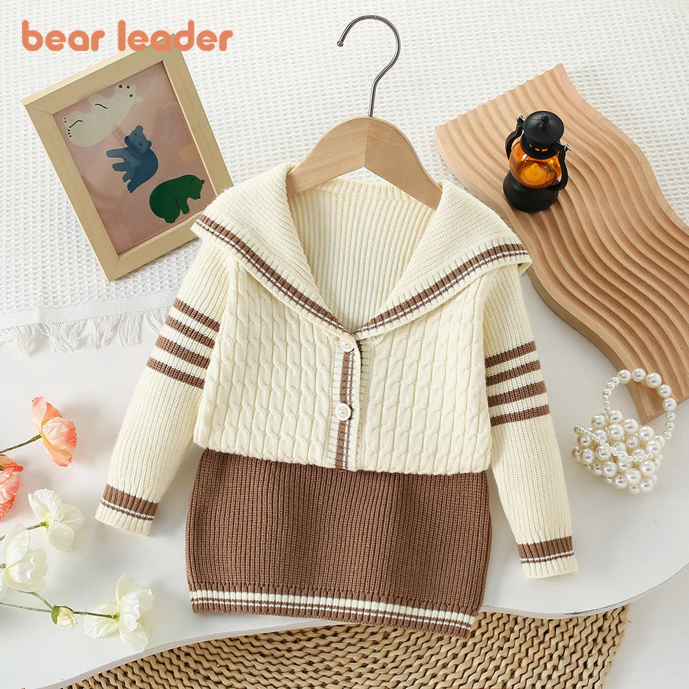 Bear Leader Girls Clothes Flip Collar Knitted Cardigan+Skirt 2-piece Sets Winter College Style Color Blocking Children's Suit