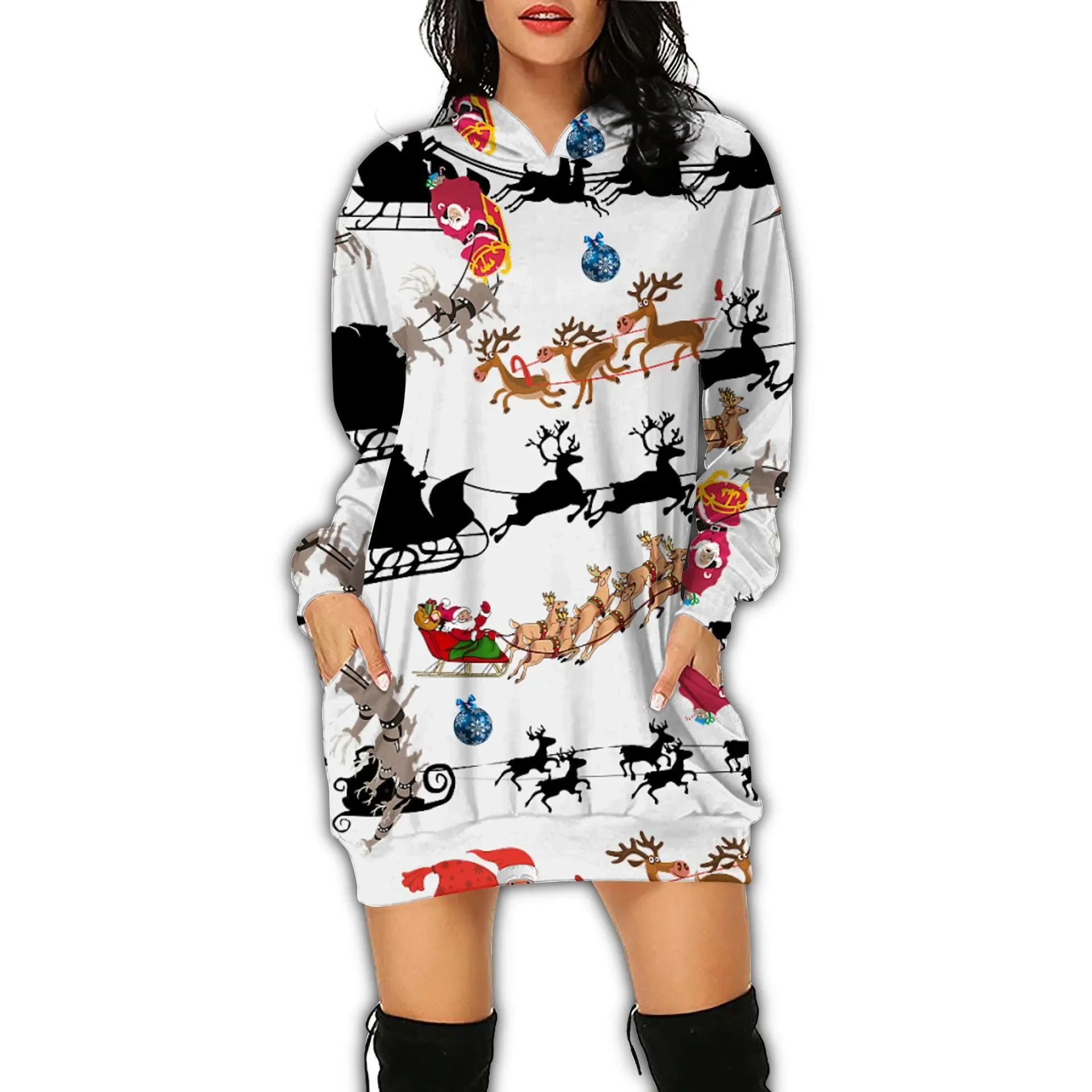 Spring Fall 2024 Women\'s Sports one-piece dress Women\'s Long sleeve 3D digital print Halloween Devil hoodie dress