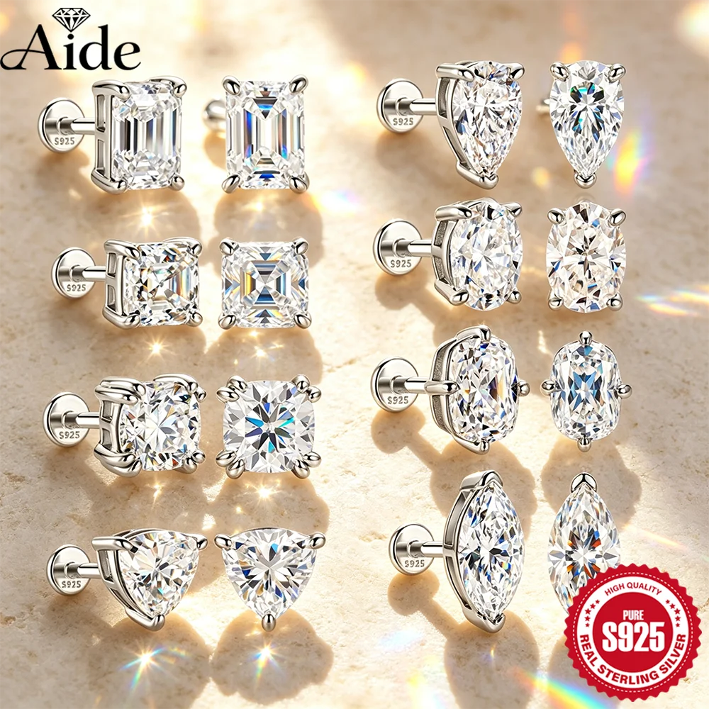 AIDE 925 Sterling Silver Classic Moissanite Flat Back Piercing Earring for Women 1 Carat Dainty Luxury Wedding Bridal Jewelry