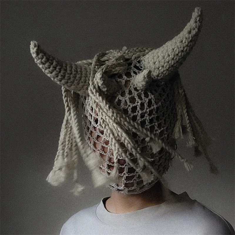 Eccentric personality Balaclava fashion funny handmade crocheted hat for women men Masked head multiple horn hats wig braid hats