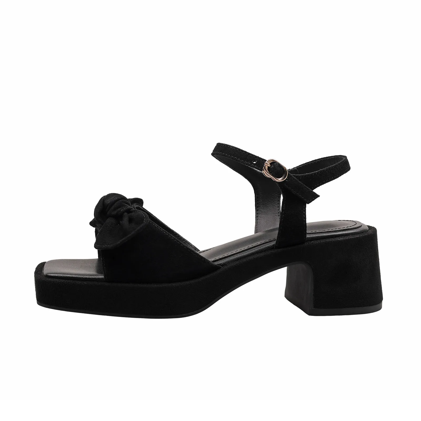 

Arden Furtado 2025 Summer Sheep suede Square toe Chunky heel Open toe bowknot word-cingulate sandals platform Commuter shoes