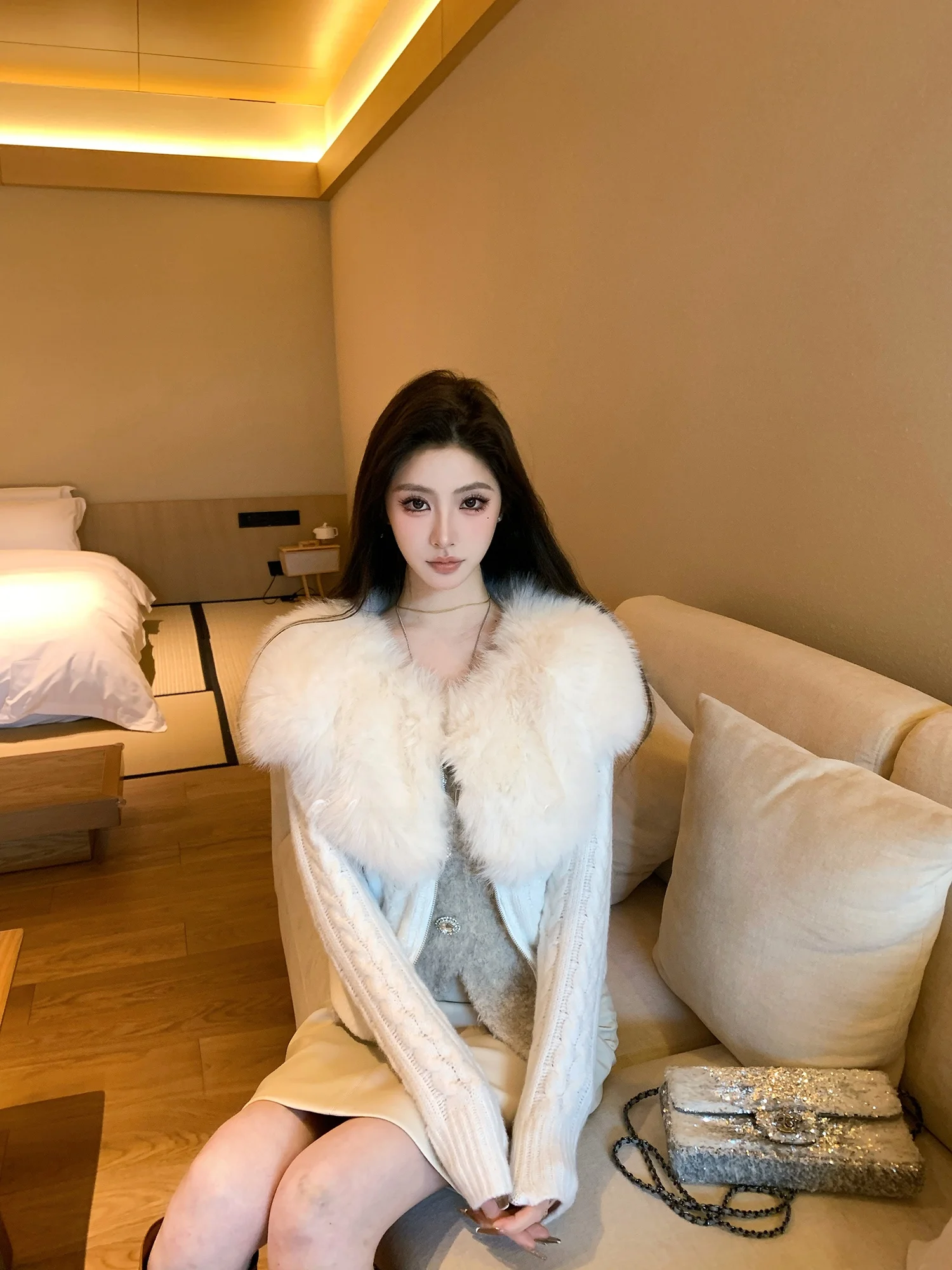 

Женский вязаный свитер-кардиган Nordic Wed F Project с узором «косы», на одно плечо, с длинными рукавами, из полиэфирного волокна