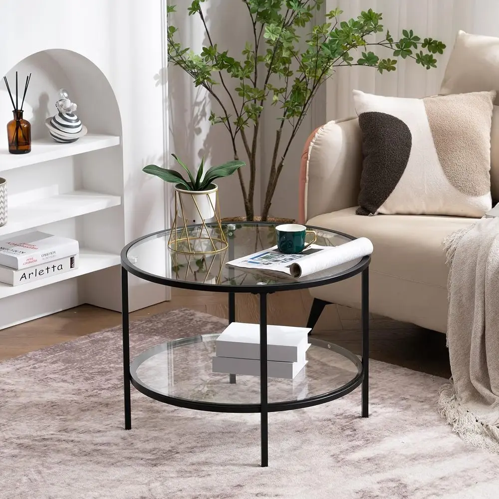 

25.6" Round Black Coee Tables or Living Room, 2-Tier Glass Top Coee Table with Storage Clear Coee, Simple & ern Center Table or