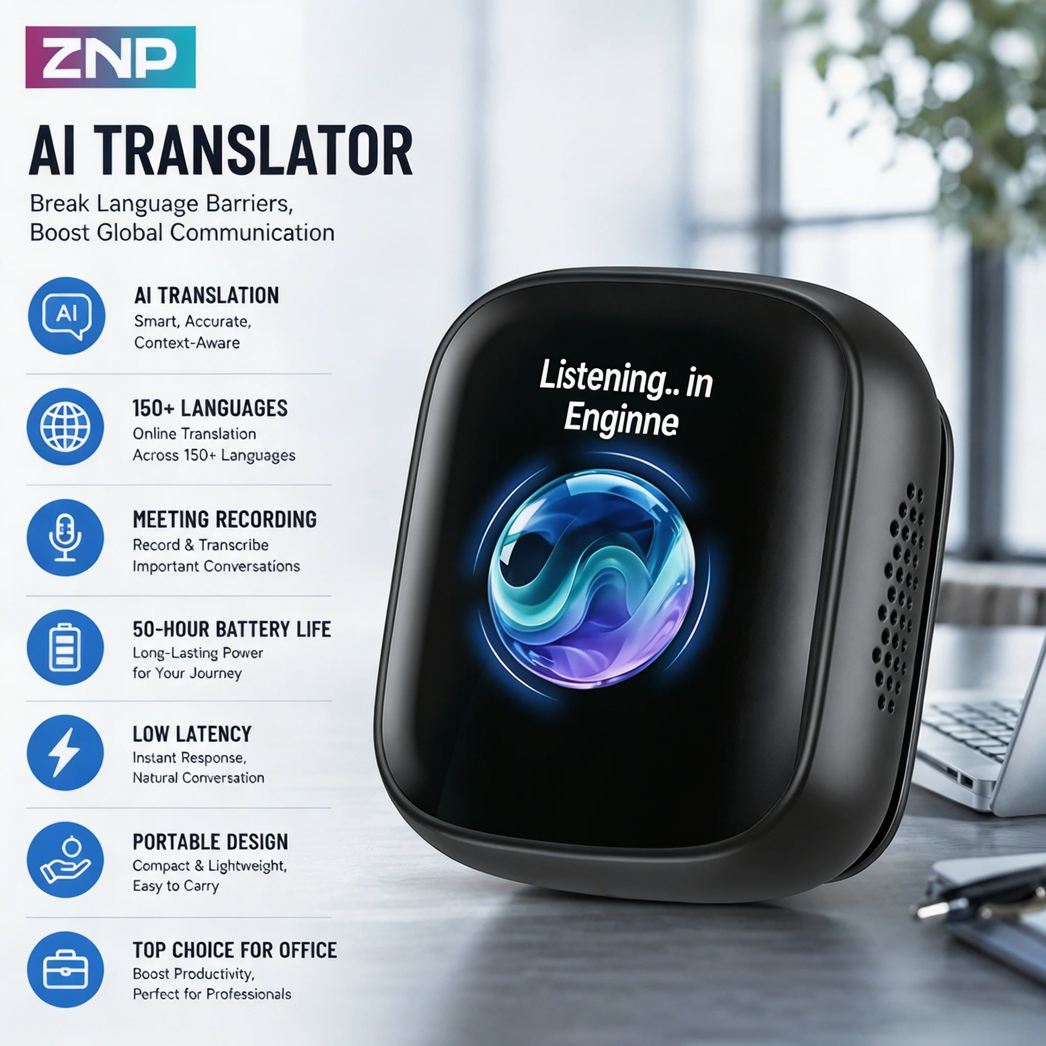 

ZNP Z02 Meeting Minutes Ai Translator For 150+ languages 50Hrs Playback HD Display Wireless Bluetooth Low latency Magnetic Clip