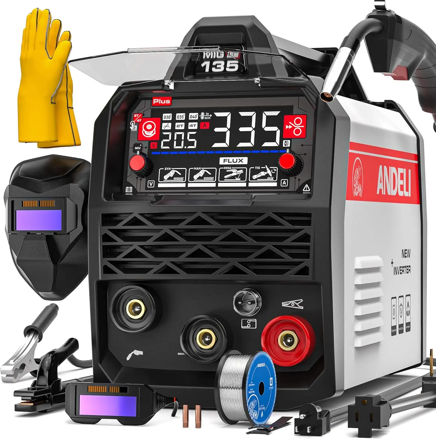 

135A MIG Welder 110V/220V, 4-in-1 Pulse Flux Core/Lift Tig/Stick, Synergic LED Display, Welding Helmet & Gloves Included