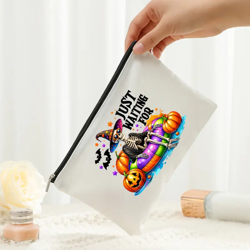 Just Waiting for Halloween Skeleton Canvas Cosmetic Bag Witch Hat Skeleton on Swim Ring Pumpkin Bat Print Travel Storage Pouch