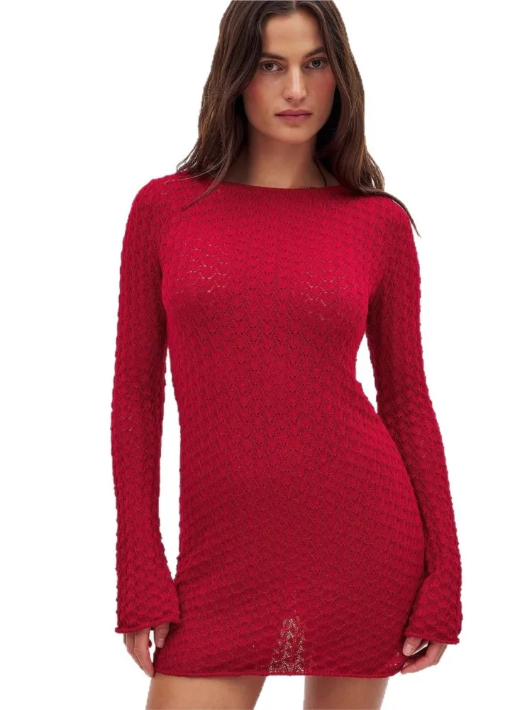 Сексуальное вязаное пляжное мини-платье в полоску в стиле бохо с круглым вырезом и длинными рукавами, 2026, летний женский приморский праздничный купальник, накидка