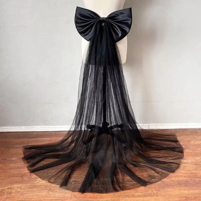 One Piece Bridal Accessory with Satin Bow Knots; Elegantly Detachable Tulle Bow for Wedding Dress Decor