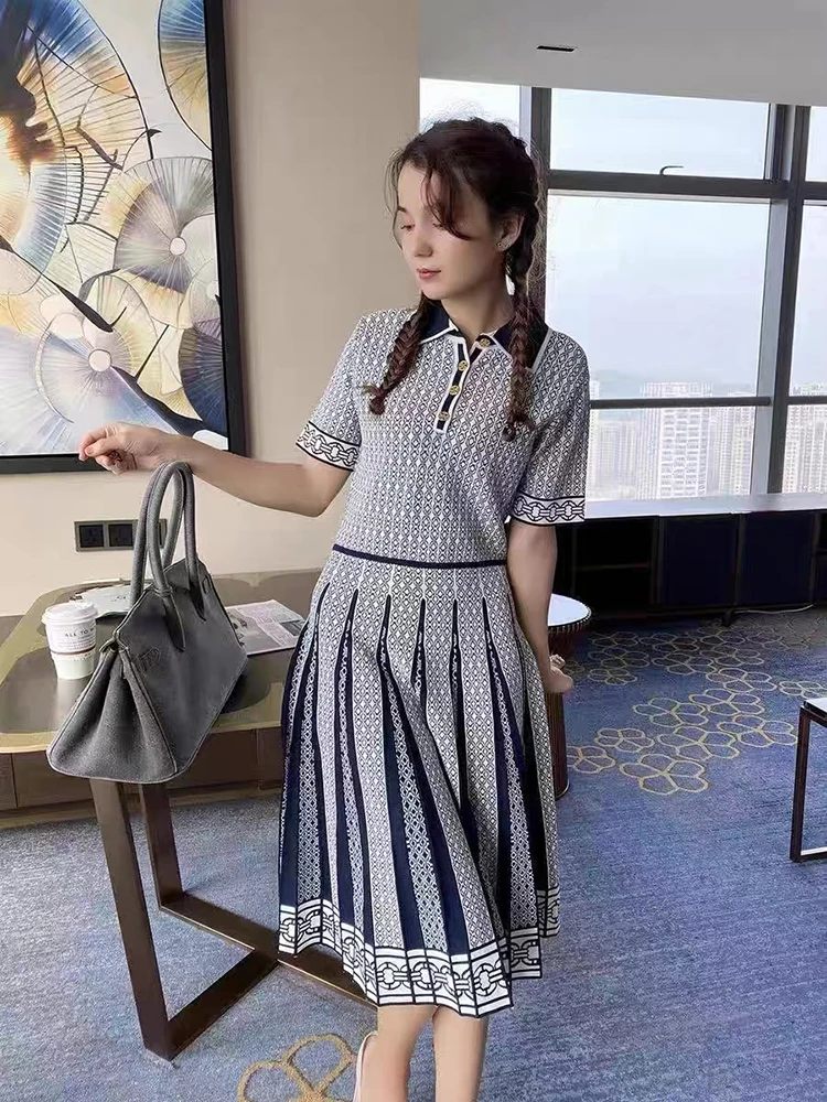 Summer New Short Sleeve Women Dress Knee Length Print Turndown Collar Elegant High Street Soft Cozy Ladies Dresses Skirt TB