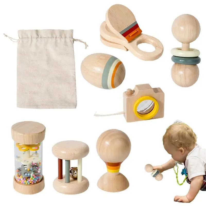 Wooden Rattle For Kid 7X Colorful Wooden Kids Rattle Teethers Educational Multifunctional Rolling Rattle Toy With Bells For Boys