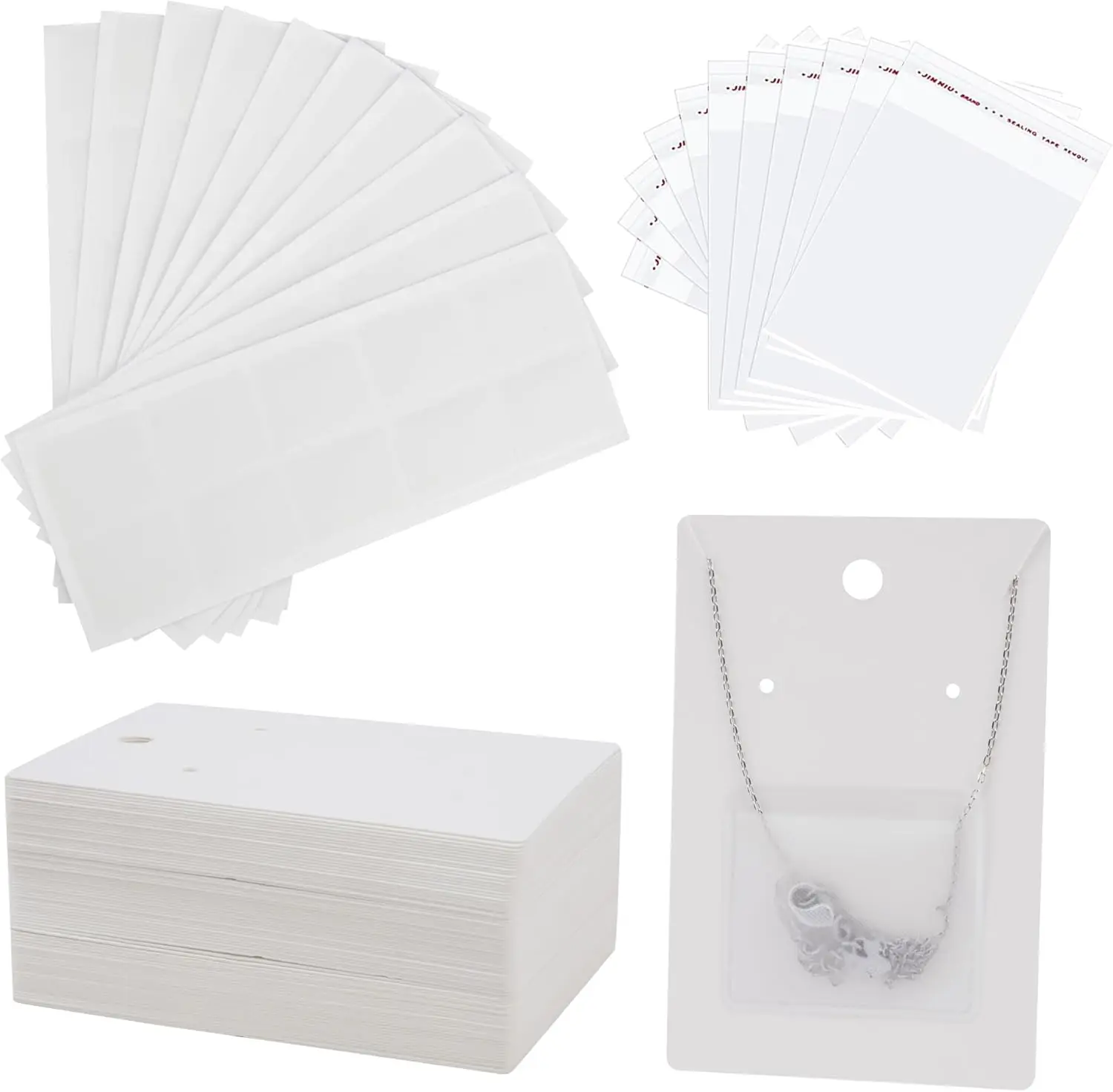 100 Pcs Jewelry Display Cards with Adhesive Pouches and Clear Bags for Necklace Earring Packaging Supplies in White