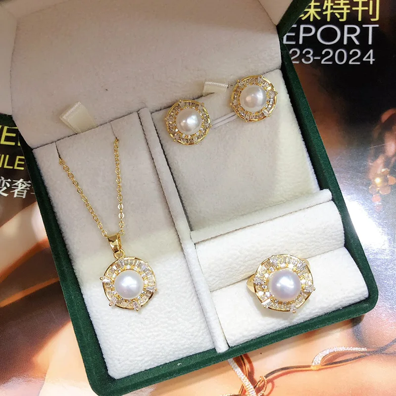 

Новое пресноводное настоящее многоцветное жемчужное ожерелье, серьги, кольцо, комплект из трех предметов, несколько цветов, универсальный