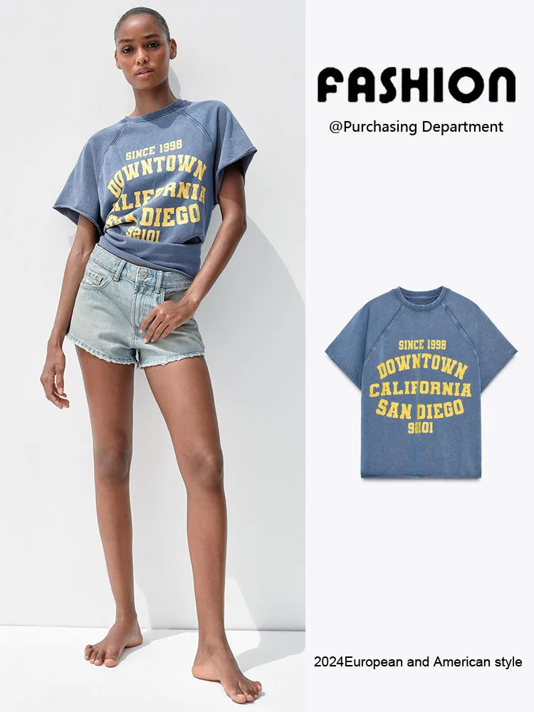 패셔너블한 반팔 플리스 스웨트셔츠 여성용 여름 신상품 2025 프린트 워시 효과 다용도 출퇴근 스타일 니트웨어