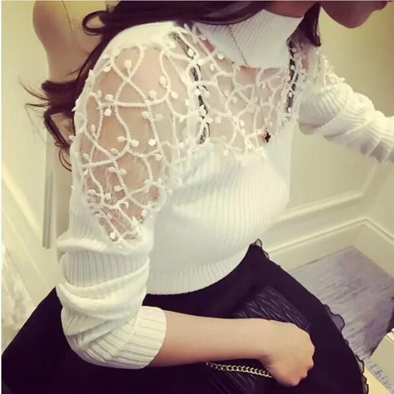

Sexy Lace Flower Full Sleeve T-shirt 2025 Spring Autumn Elasticity Slim Turtleneck Shirt Long Sleeve Office Lady Elegant Blouse