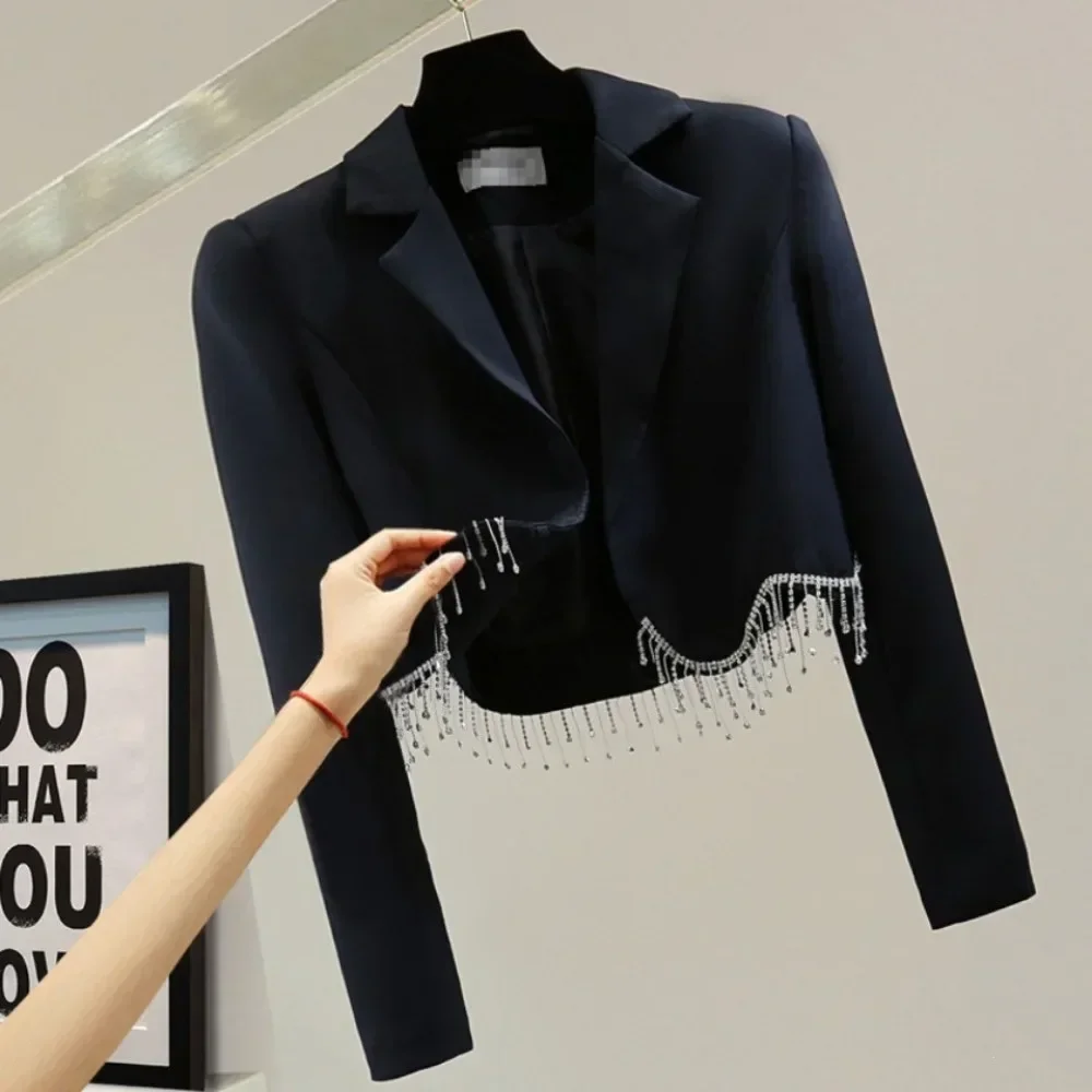 Women Rhinestone Tassel Short Blazer Jacket Slim Fit High Waist Open Front Casual Minimalist Versatile Chic Ladies Outerwear