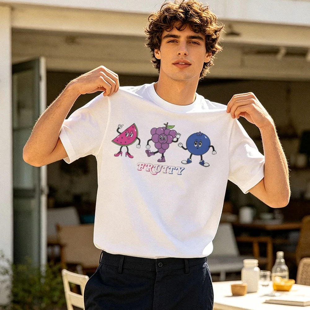 Cartoon Walking Watermelon Grape Blueberry Fruity Graphic Crew Neck Cotton T Shirt Men Top For Outdoor Camping Leisure Activity
