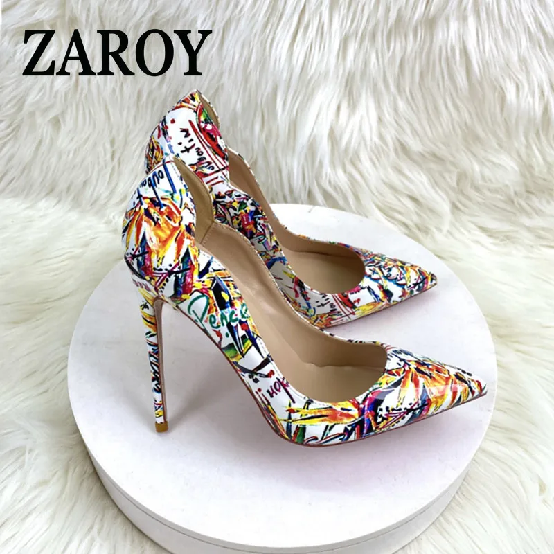 【Outlet Clearance】 New Colorful Graffiti women High Heel Shoes 8-12CM Pointed Thin Heel Shallow Mouth pumps Fashion Women  Shoes