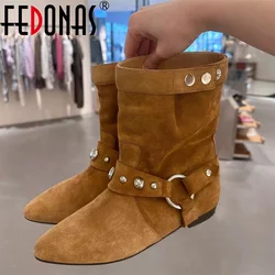 FEDONAS New Women Leather Ankle Boots Thick Low Heels Pointed Toe Western Cowboy Boots  Warm Autumn Winter Short Shoes Woman