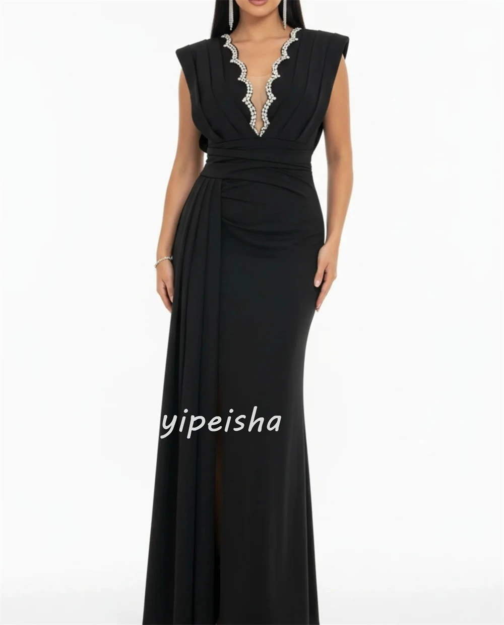 Customized Modern Style Classic Jersey Rhinestone Ruched Straight Party Dress Retro V-neck Sleeveless High Slit Evening Dresses