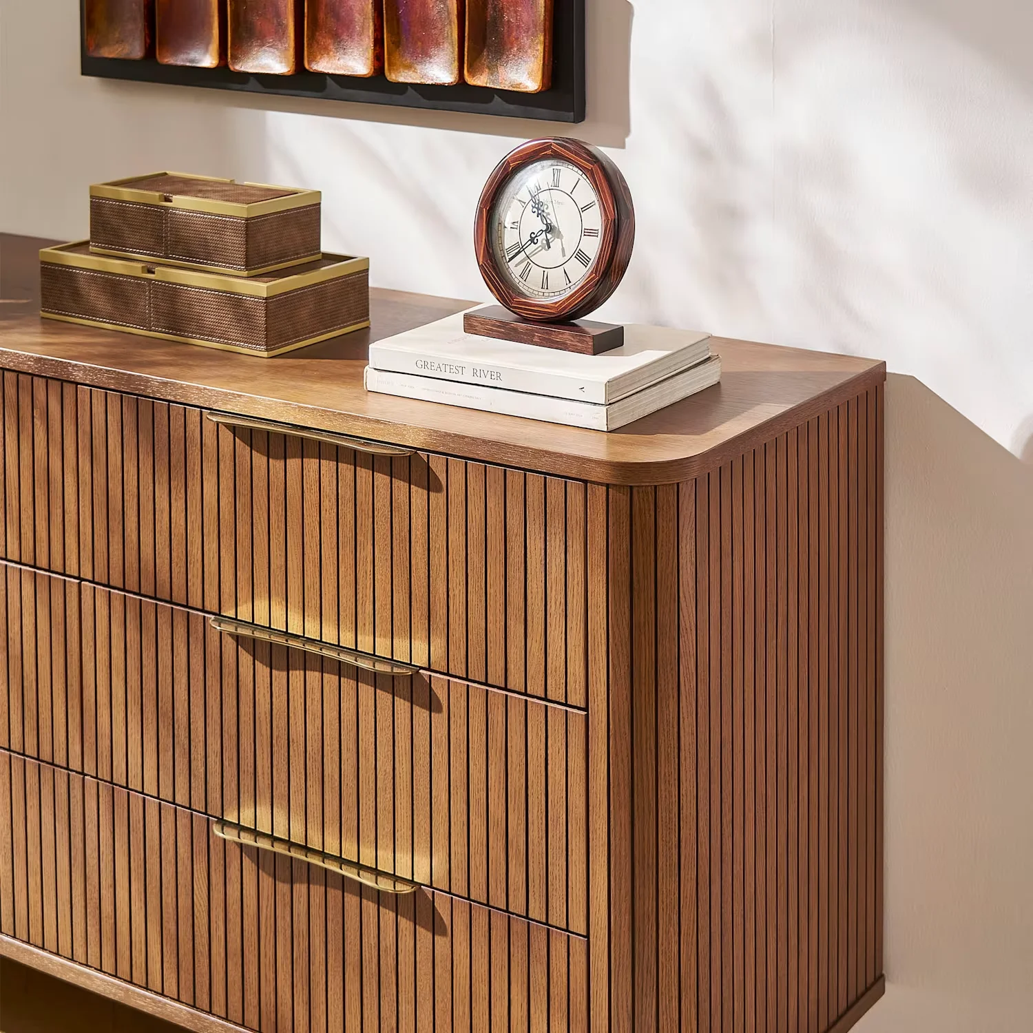 #Luxury Minimalist Fluted Walnut Credenza Dresser, Curved Edge Reeded Panel Storage Chest with Brass Hardware for Home Decor