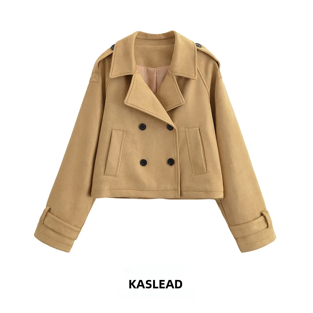 

KASLEAD новая модная двубортная куртка цвета хаки с воротником, женская верхняя одежда, длинное осеннее пальто из полиэфирного волокна