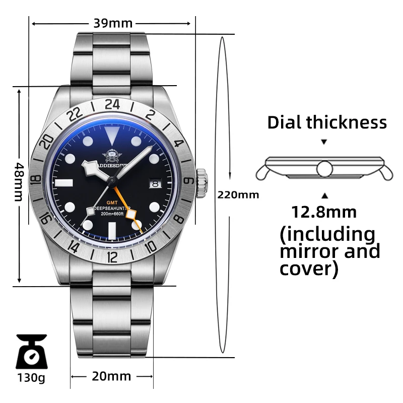 ADDIESDIVE Men Luxury GMT  Watch AD2035 BGW9 Super Luminous 20Bar Waterproof Bubble Mirror Glass Classic Quartz Watches reloj