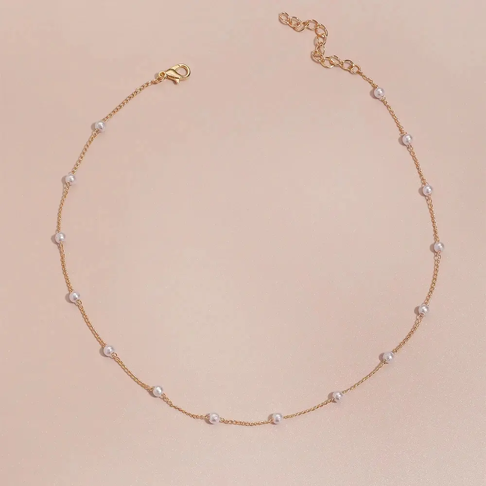 1Pcs New Jewelry Fashion Imitation Faux Pearl Clavicle Chain Choker Simple Design Metal Beaded Hollow-out Women\'s Decor Necklace