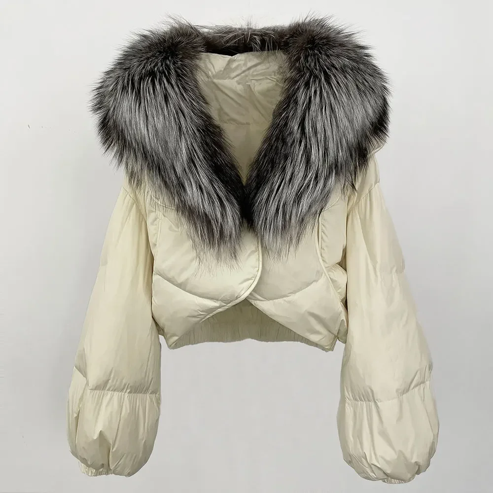 Frauen Langarm Puffer Jacke Luxus Lose Echt Fox Pelzmantel Kurze Weiße Ente Unten Jacke Mode Lässig Winter Weibliche Warme