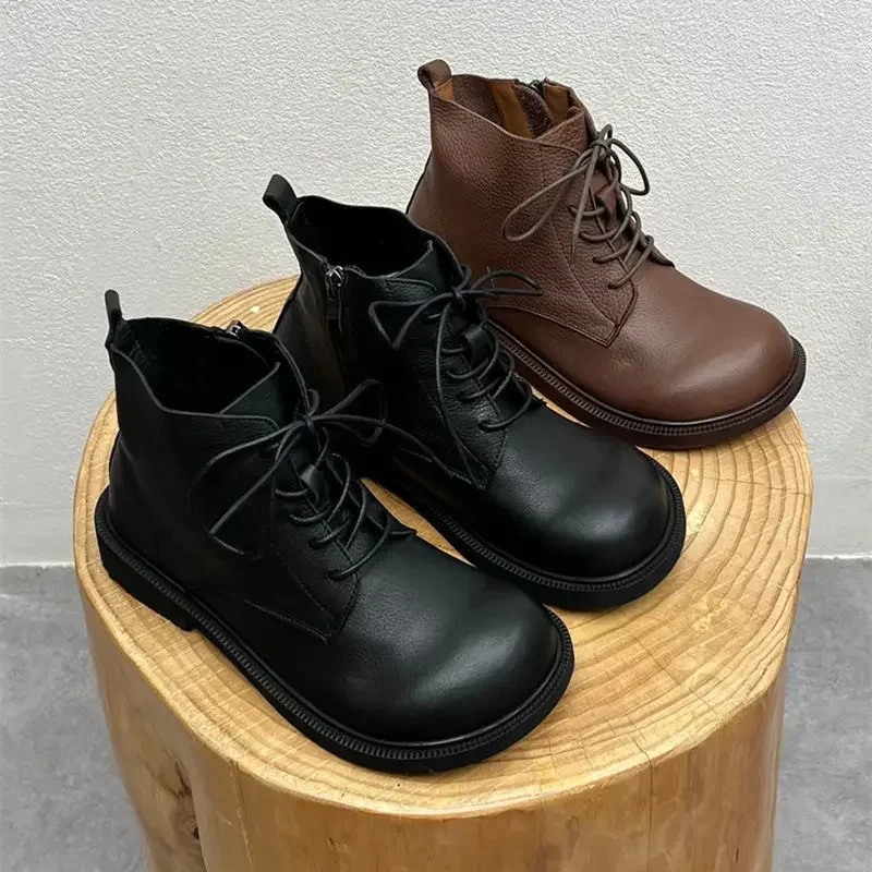 2024 Spring Shoes Women Cowhide Wide Toe Boots Flat Bottom Casual Side Zipper Retro Artistic Genuine Leather Lace Up Short Boots