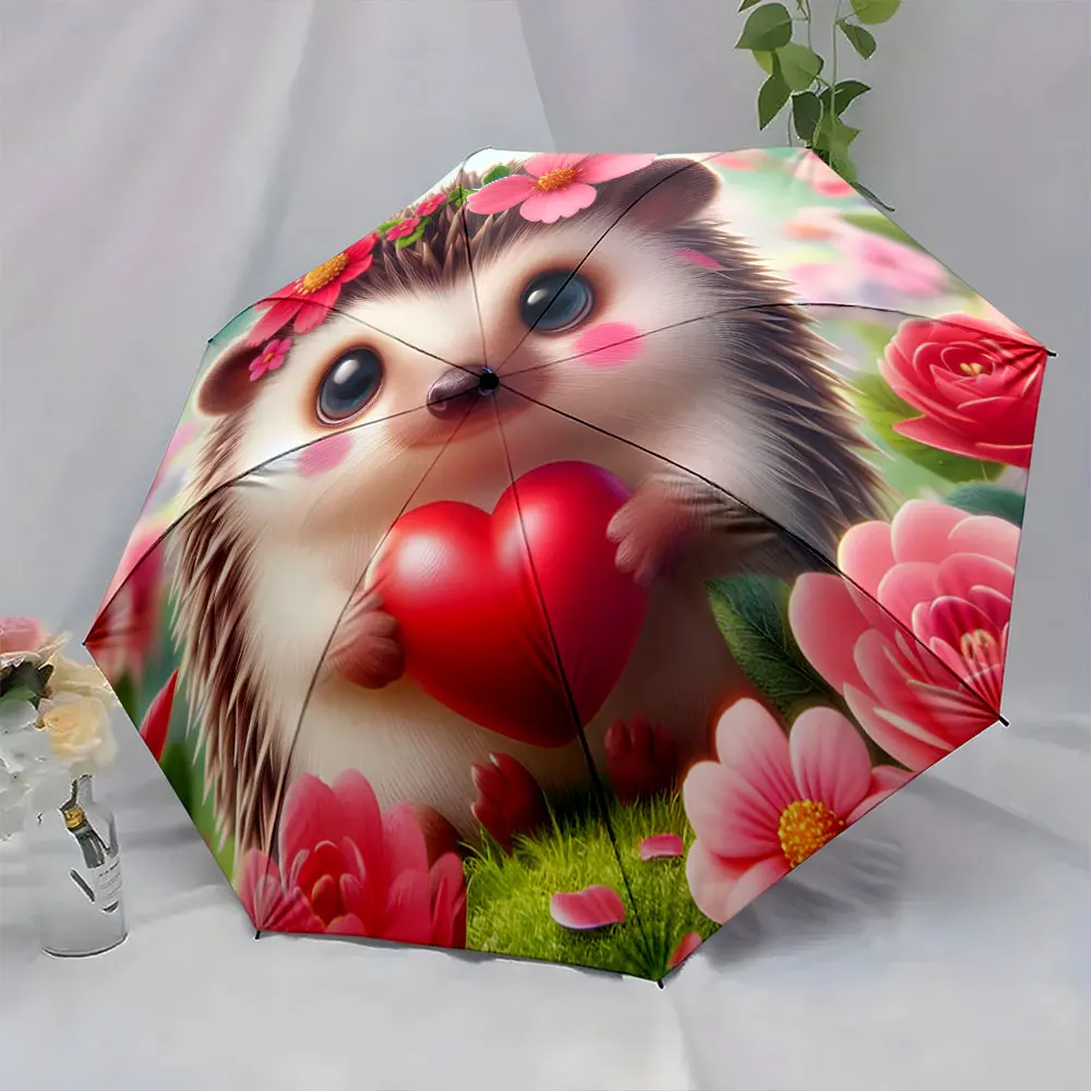1PC Adorable Hedgehog Umbrella with Heart and Floral Design Print 8 Iron Ribs Folding Umbrella Auto-Open Fashion Sunshade