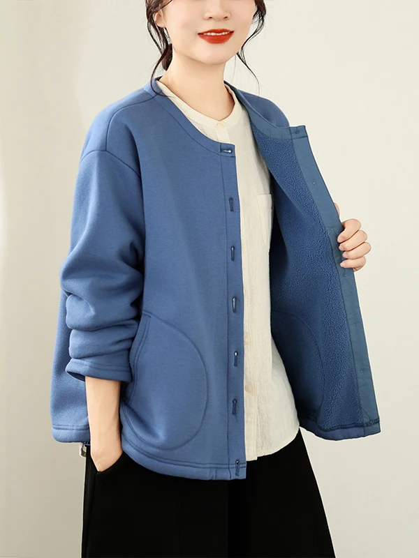 Thickened Fleece Women's Jacket round Neck Short Top Pure Color Sweatshirt Cardigan Autumn New Style Ladies Fashion Outerwear