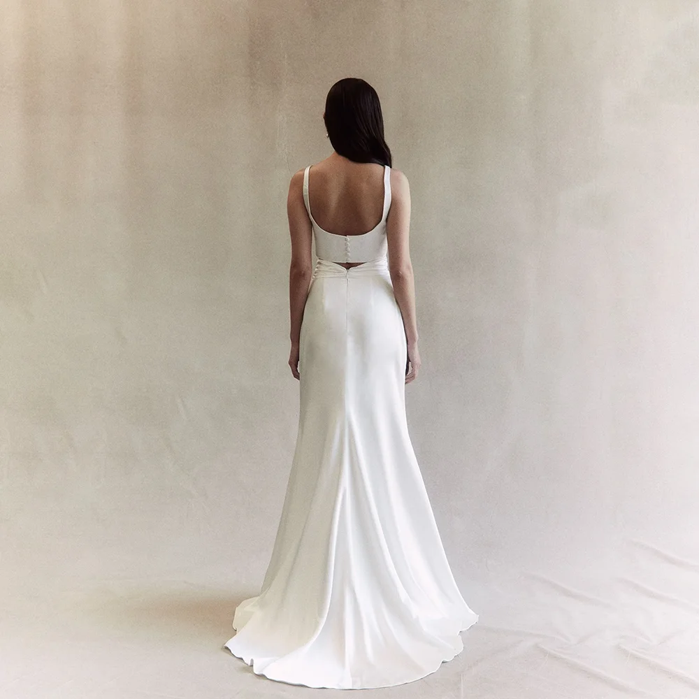 Two Piece Satin Mermaid Wedding Dress Square Neck Cutout Waist Bridal Gown Low Back Button Elegant Simple Wedding Dresses Custom