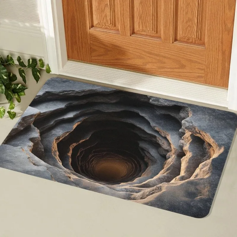 3D Visual Illusion Tree Hole Door Mat Natural Rock Texture Design Rectangular Entryway Rug Indoor Outdoor Anti-slip Carpet