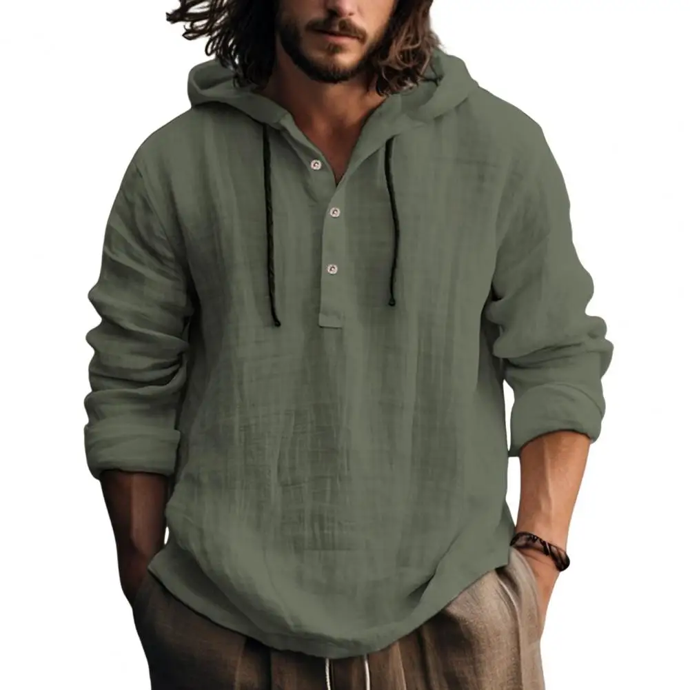 

Men Hoodie Men's Drawstring Hoodie with Button Detail Loose Fit Solid Color Pullover for Wear Mid Length Hooded Top for Spring