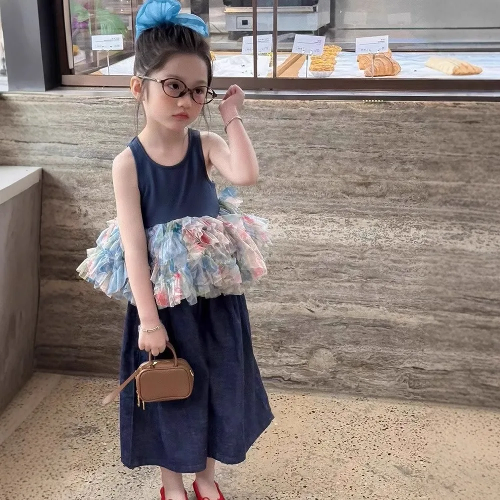 

Fashion Korean Version Children's Clothing 2025 Summer Girls' Casual Suit Sleeveless Patchwork Lace Mesh Top+Pants Two-piece Set