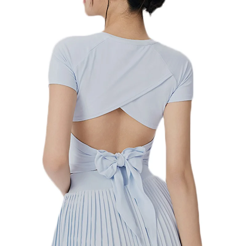 

Спортивный топ Aiithuug со встроенным бюстгальтером, коротким рукавом, открытой спиной и бантом, для йоги, фитнеса и бега