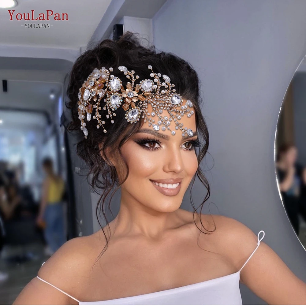 YouLaPan HP453 Golden Bridal Headband เจ้าสาวหน้าผาก Crown อุปกรณ์เสริมผม Rhinestone Headpiece Party Headwear