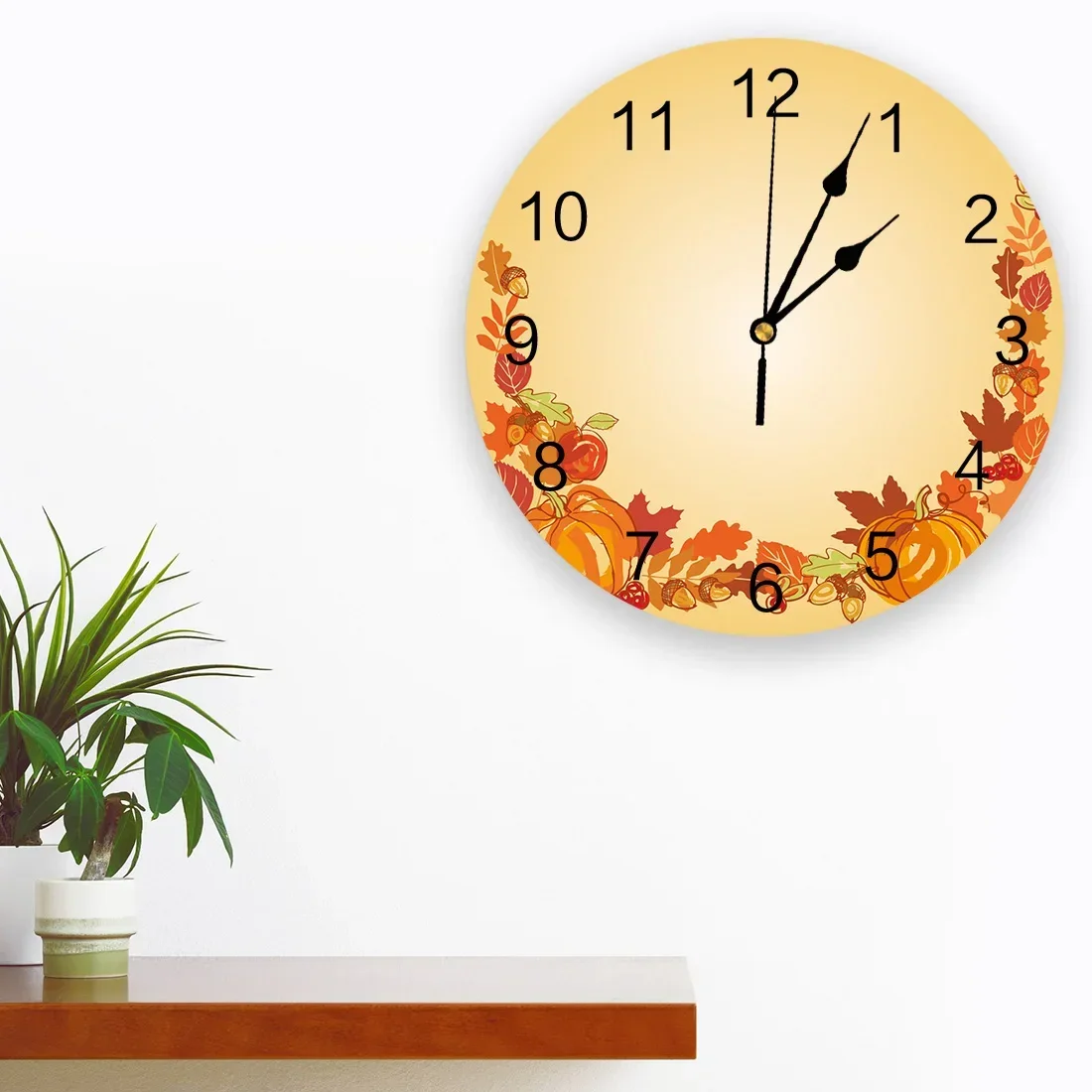 Autumn Pumpkin Yellow Leaves Print Wall Clock Wall Art Silent Non ticking Round Wall Watch for Home Decortaion Best Gift