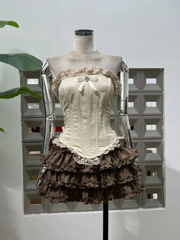 

Women Sexy Sleeveless Vintage Outfit Party Birthday Celebrate Ruffles Top Skirt Sets Night Club Two Piece Dress 2025 New Arrival