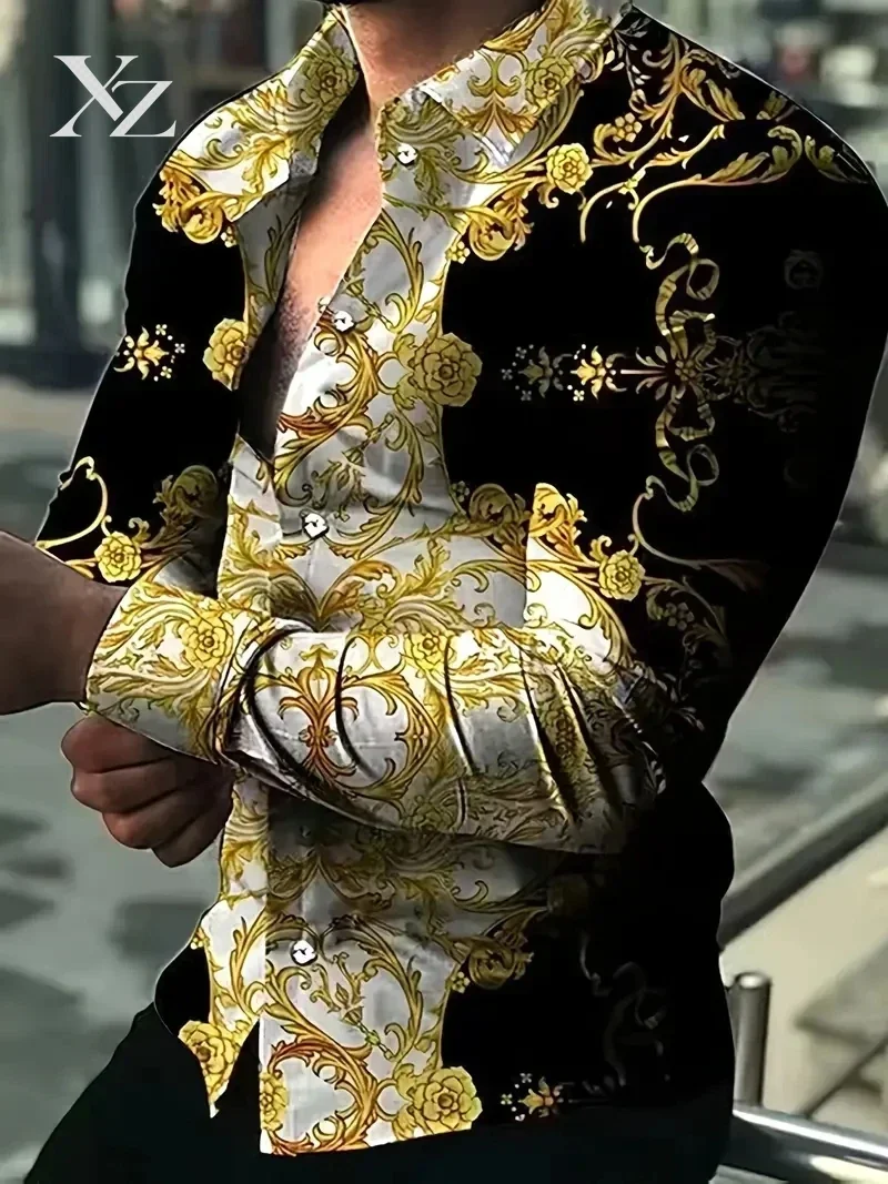 Men's Full Sleeve Shirt Versatile Golden Floral 3D Print Shirt Men Women Fashion Hawaiian Shirt Breathable Blouse Elegant Luxury