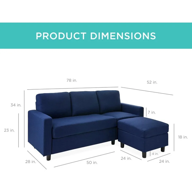 Upholstered Sectional Sofa for Home, Apartment, Dorm, Bonus Room, Compact Spaces w/Chaise Lounge, 3-Seat, L-Shape Design