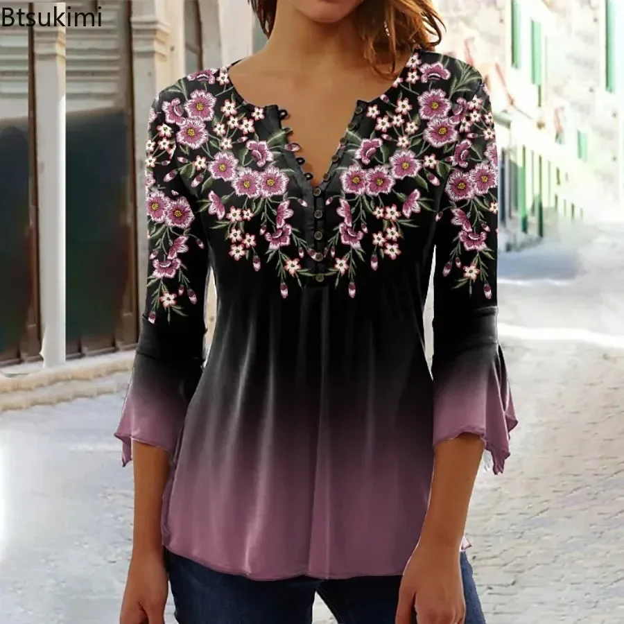 2024 Women's Chic Flower Print Half Placket V-neck Blouse 3/4 Sleeves Loose Hem Elegant Pullover Tops Ladies T-shirts Streetwear