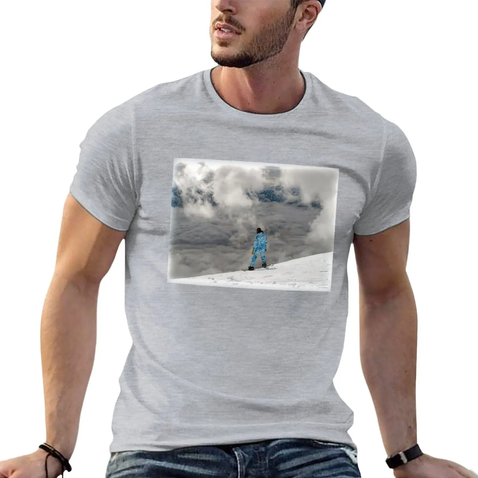 Snowboard Dropping In Face of Mountain. T-Shirt summer top vintage t shirt men t shirts