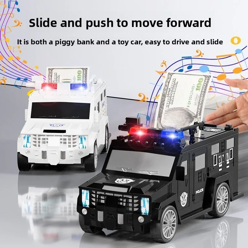 Kids Large Police Car Piggy Bank Smart Sound Light Password Auto Money Roll Anti-drop | 3 AA Batteries Not Included
