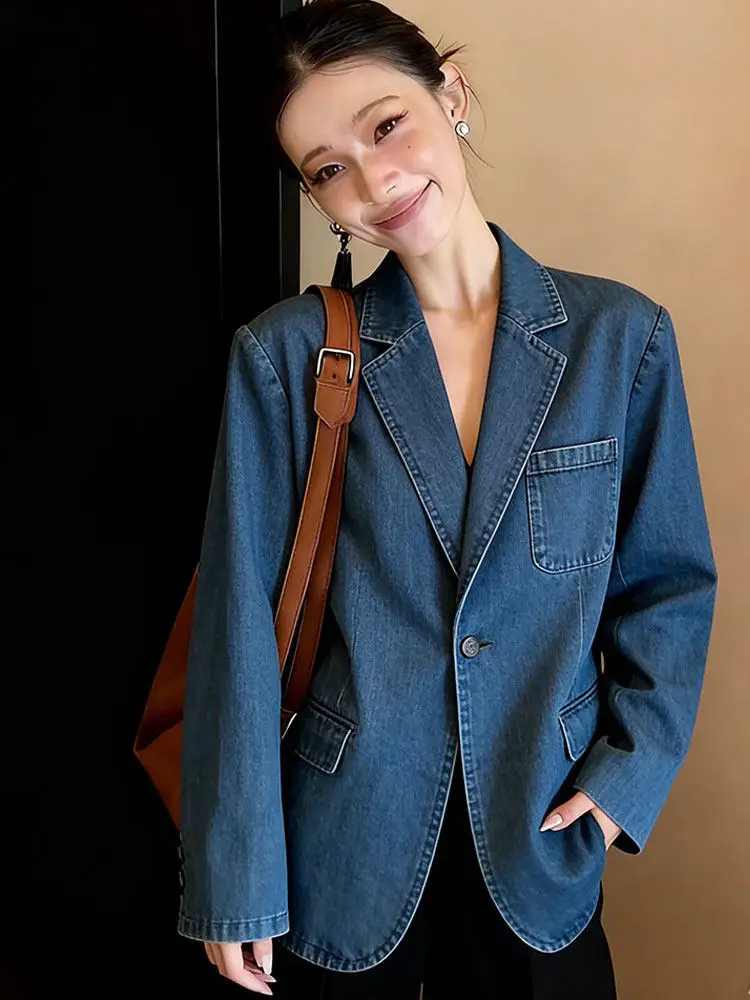 

Retro Blue Denim Sle Women's Jaet Spring 2026 Loose Versatile Commute Personali Coat Long Sve Pure Color Button Closure