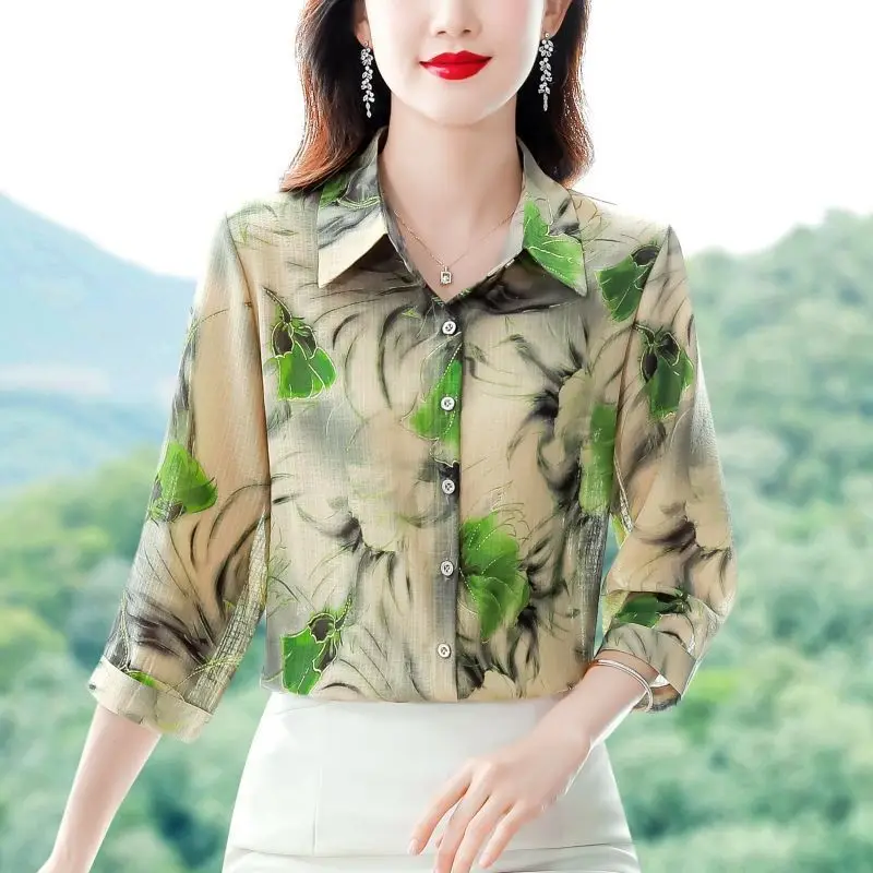 Minimalist Commuter 2024 Summer New Women's Blouse Polo-Neck Button Printed Elegant Slim All-match 3/4 Sleeve Shirt Tops