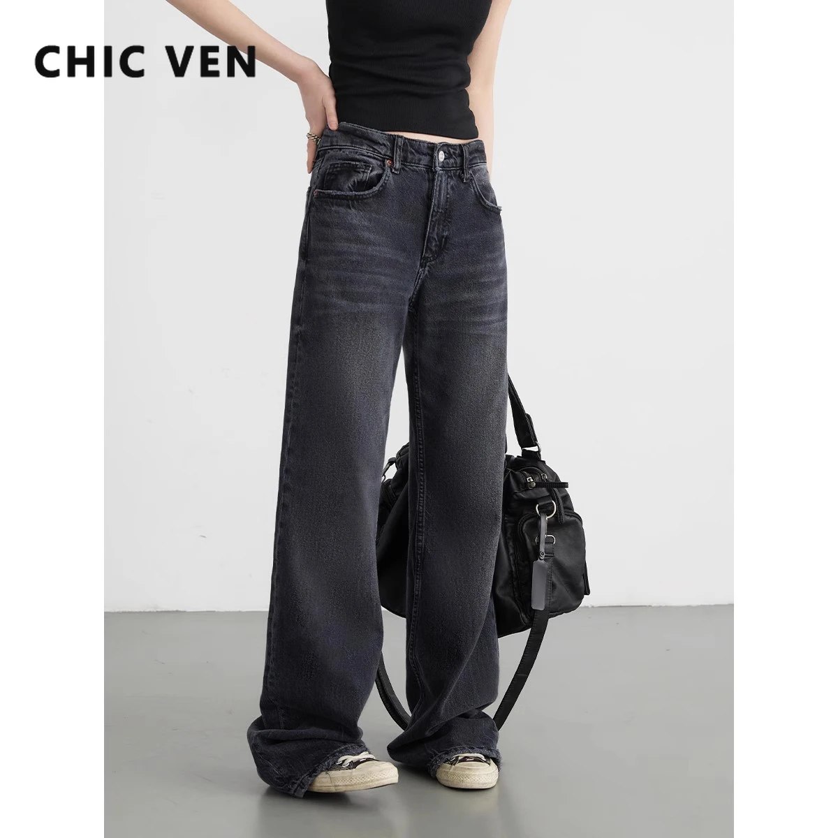 

CHIC VEN Women Jeans Solid Black New Wide Leg Mop Denim Pants Straight Leg Female Trousers Spring Summer 2024