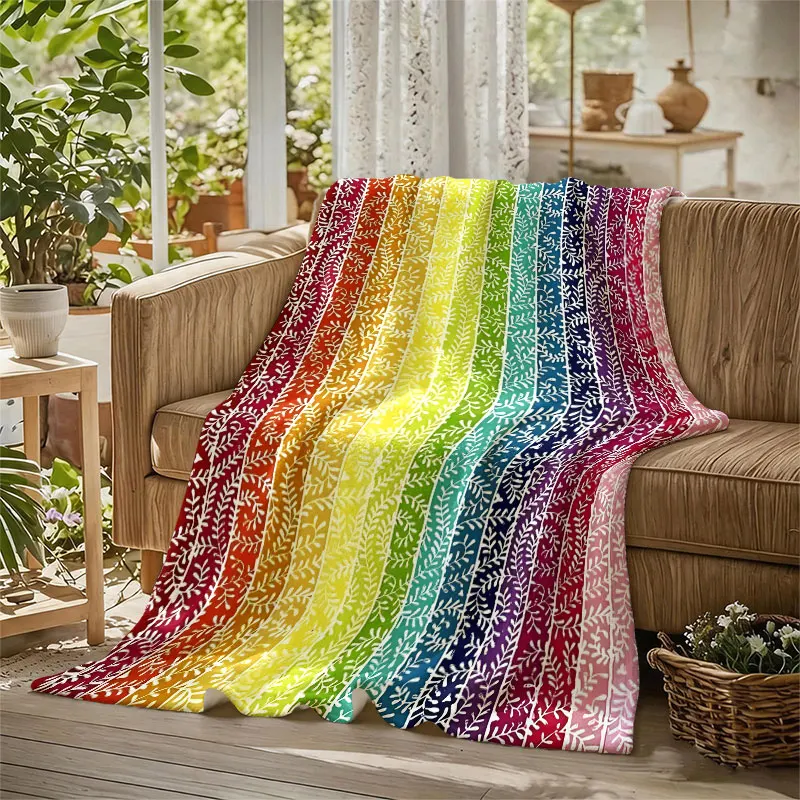Rainbow Vine Leaves Stripes Flannel Blanket Perfect for Sofa Office Bed Travel Sleep Read Relax Camping Four Season Use