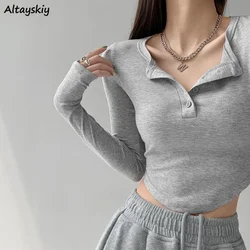 Sexy T-shirts Women Slim Y2k Trendy Tops Autumn Crop Popular Korean Style Button Long Sleeve Cute Camisetas Leisure Girlish BF