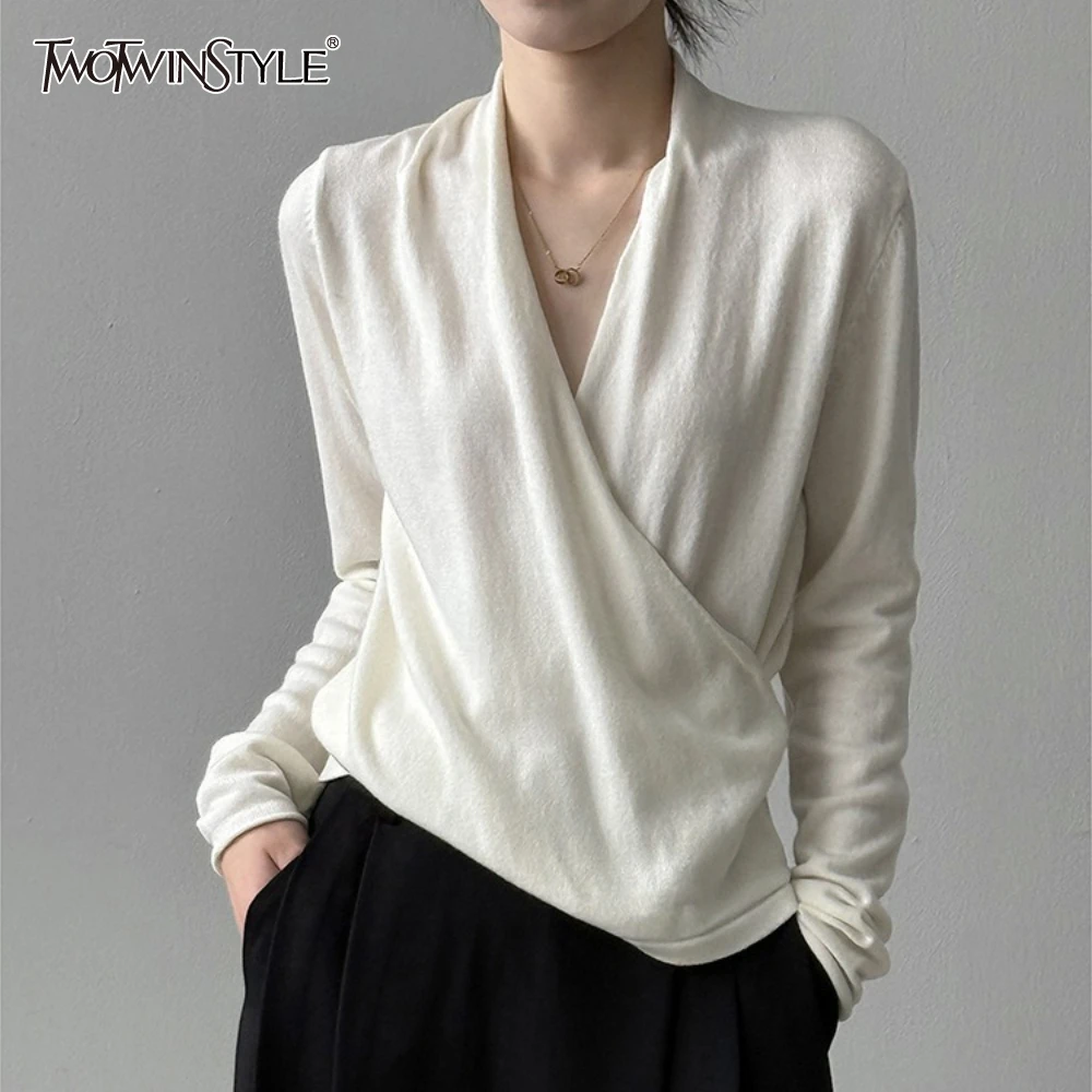 

TWOTWINSTYLE Solid Spliced Folds Casual Shirt Female V Neck Long Sleeve Loose Normcore Temperament Women's Shirts Autumn Fashion